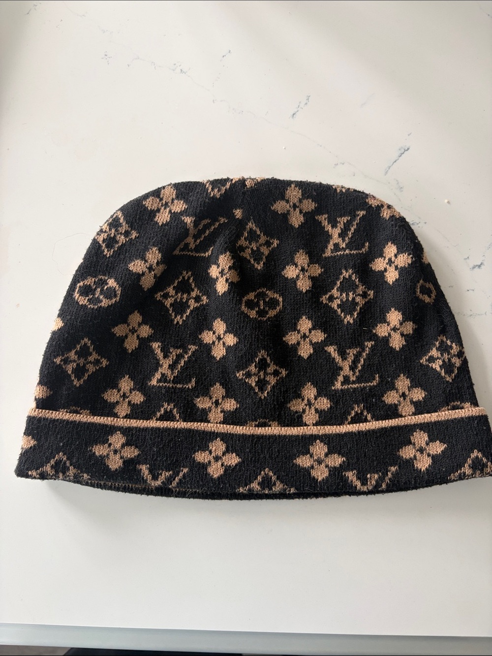 Black & Beige Monogram Beanie Hat